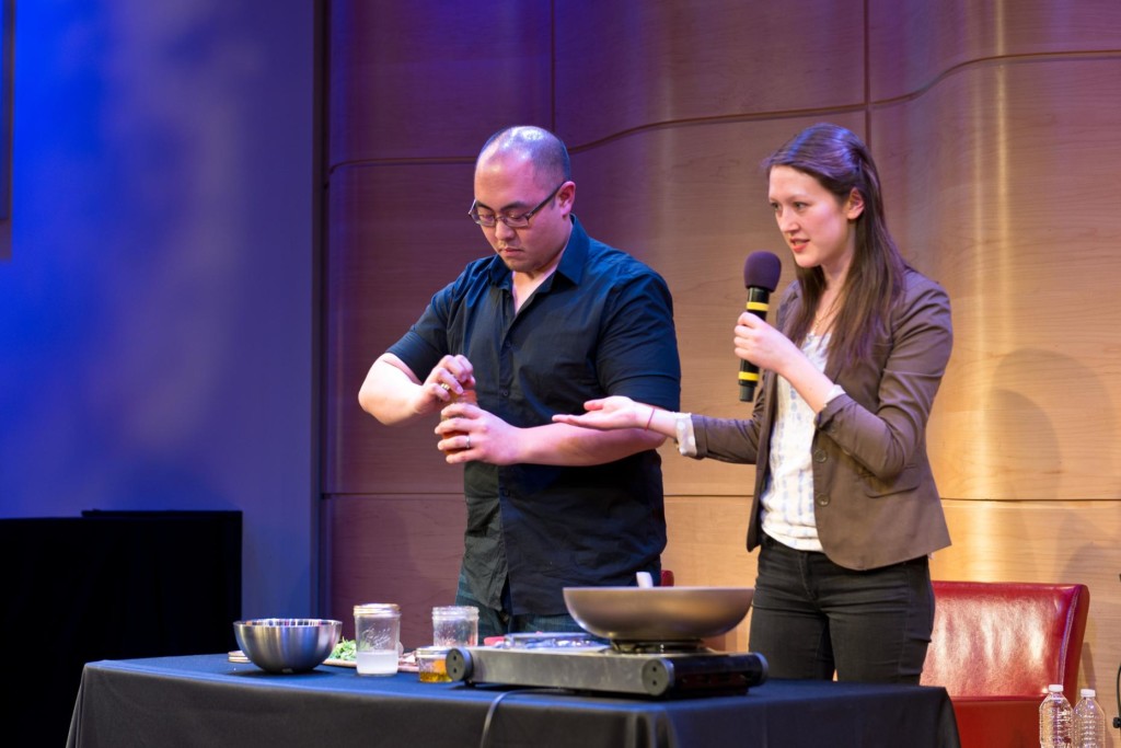 Chef Brian Tsao and Cathy Erway cook an oyster omelette in The Greene Space