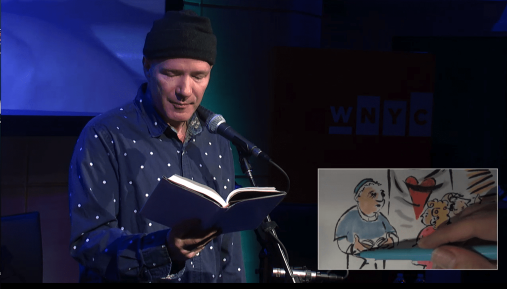 Rick Moody reads from "Hotels of North America" while artist Michael Arthur responds in illustration