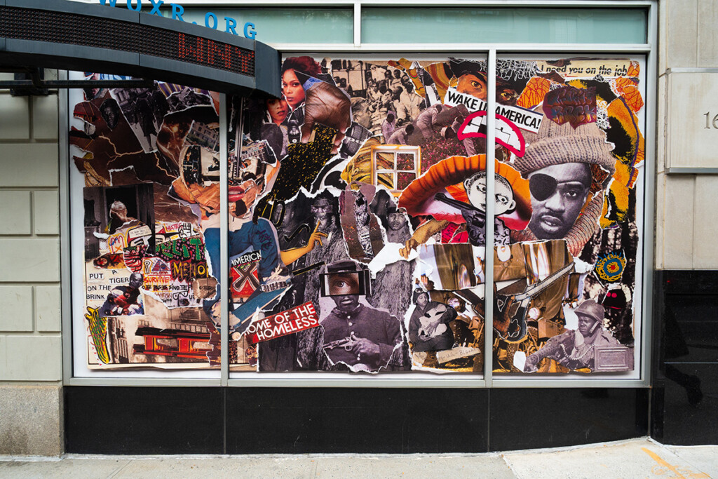 A large-scale collage in a window featuring photos that represent hip-hop