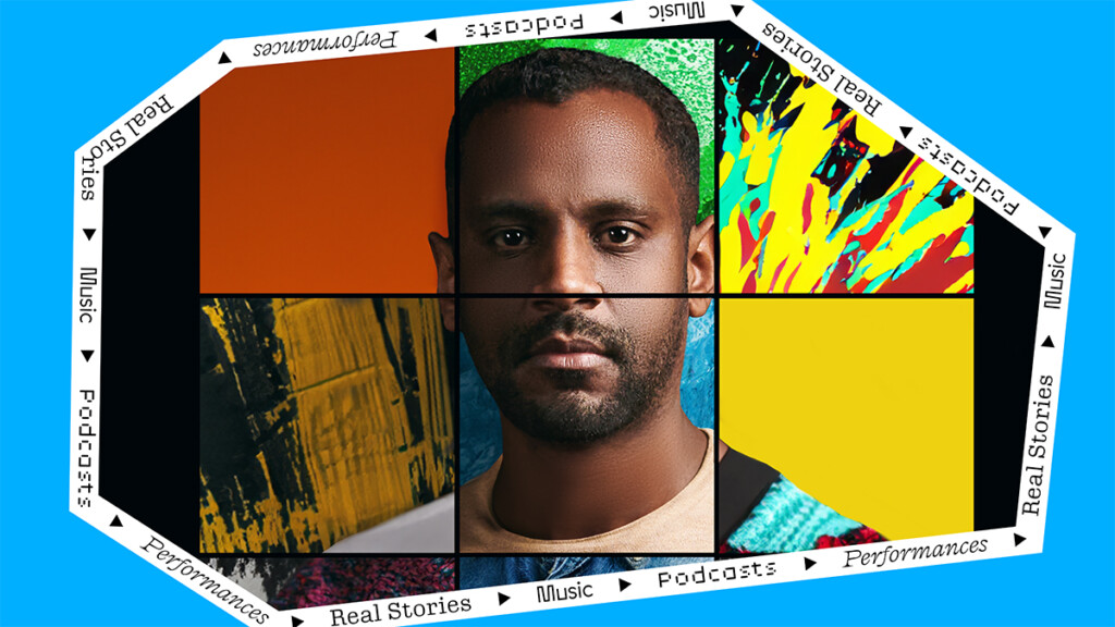 A man's face segmented into 6 parts on a rainbow background.