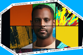 A man's face segmented into 6 parts on a rainbow background.